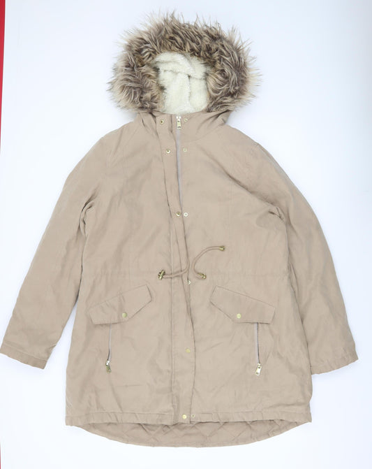 George Womens Beige Faux Fur Trim Hooded Parka Coat Size 16 L