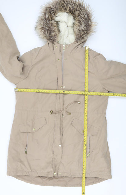 George Womens Beige Faux Fur Trim Hooded Parka Coat Size 16 L