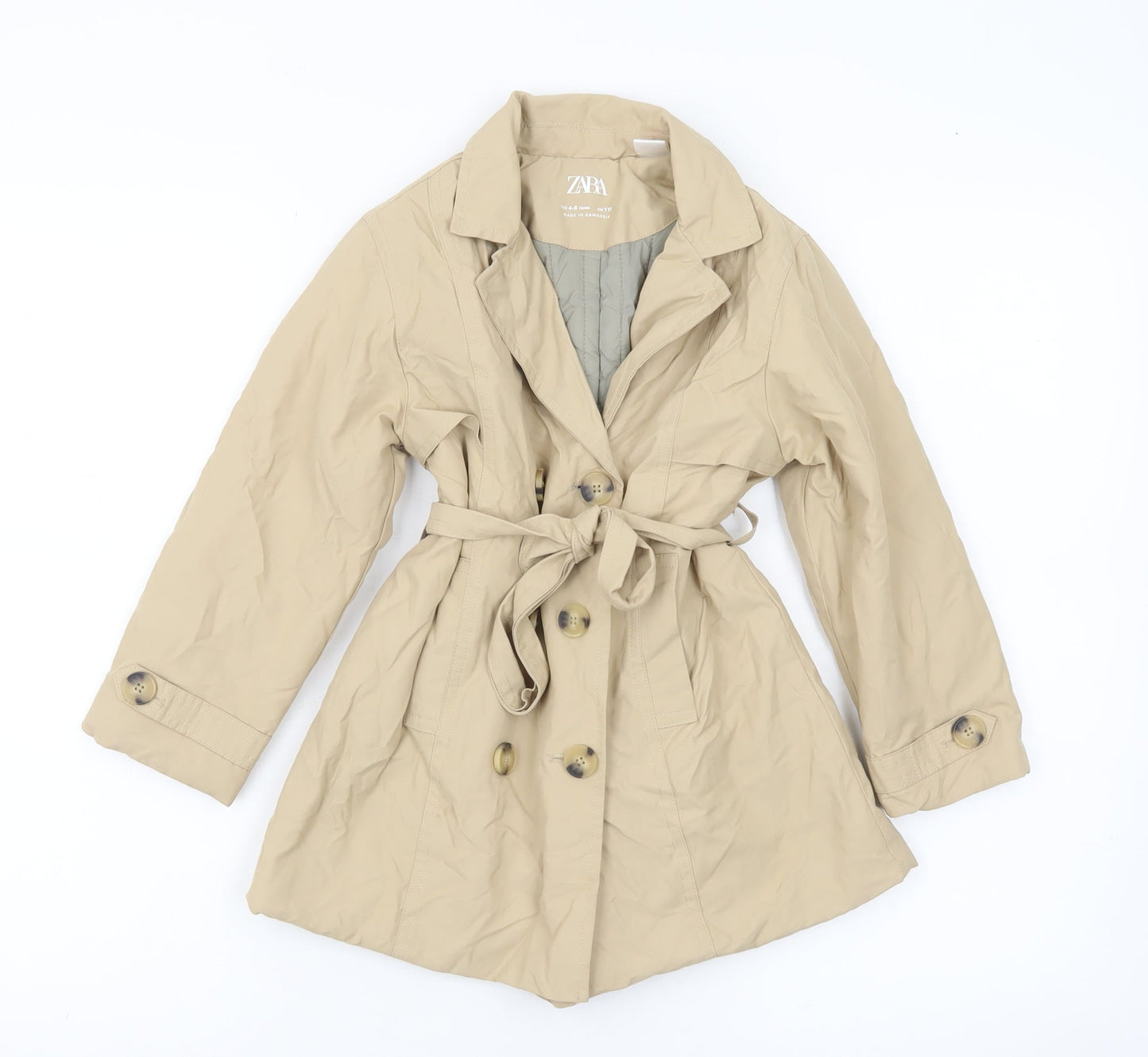 Zara Girls Beige Cotton Blend Trench Coat 4-5 Years Belted Double Breasted