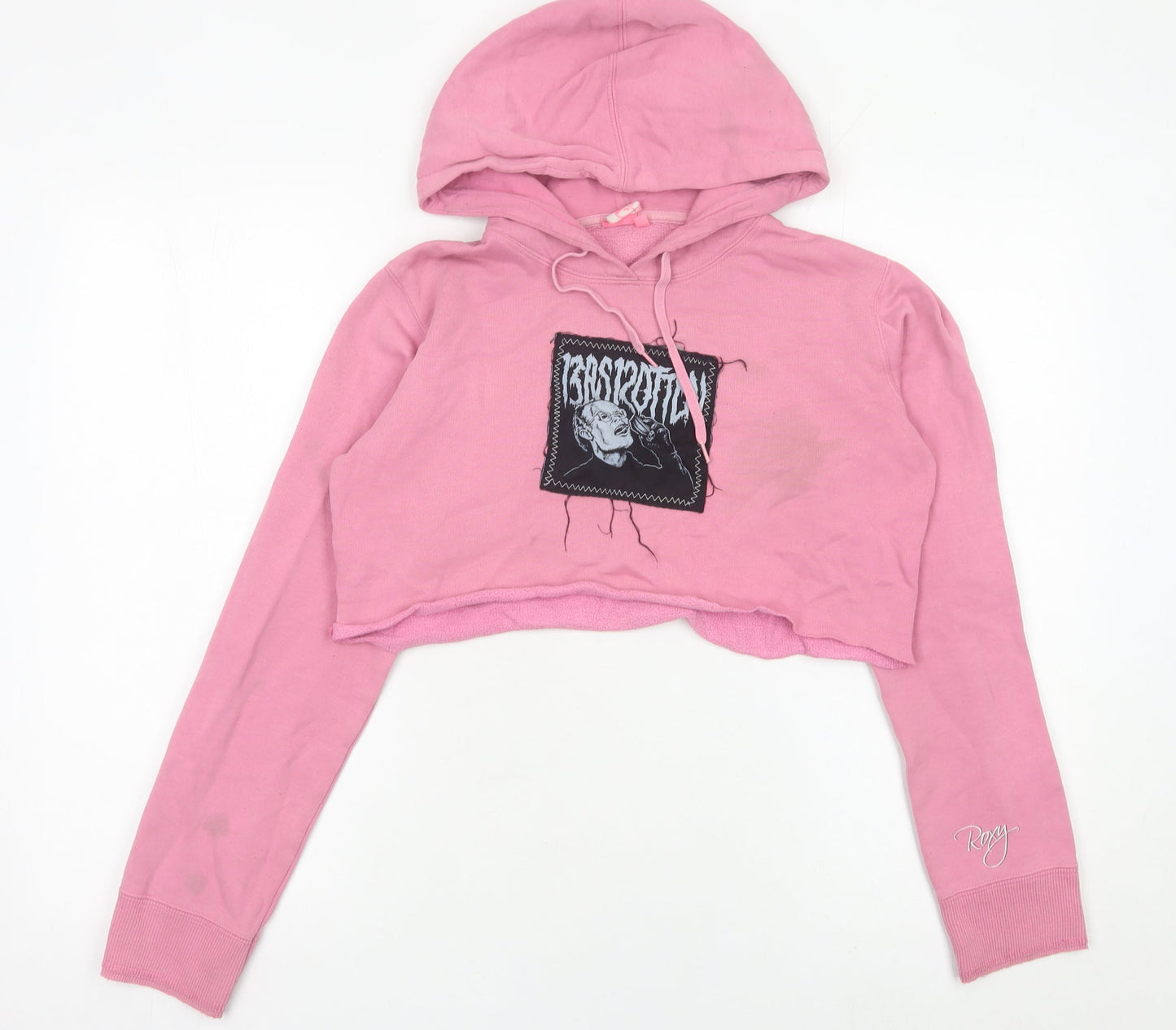 Roxy Women’s Pink Cropped Hoodie Size 10 Graphic Logo Cotton