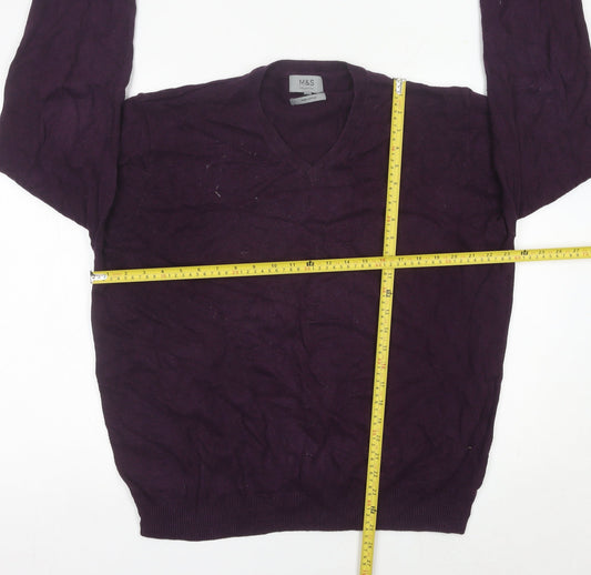 Marks and Spencer Mens Purple 2XL Cotton V-Neck Jumper