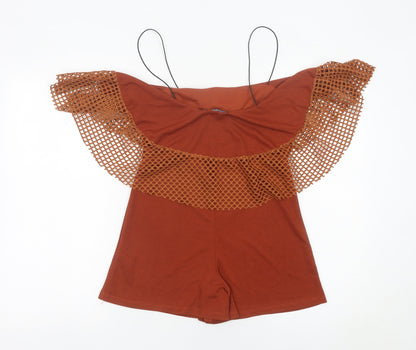 Boohoo Women’s Brown Size 10 Off Shoulder Ruffle Playsuit
