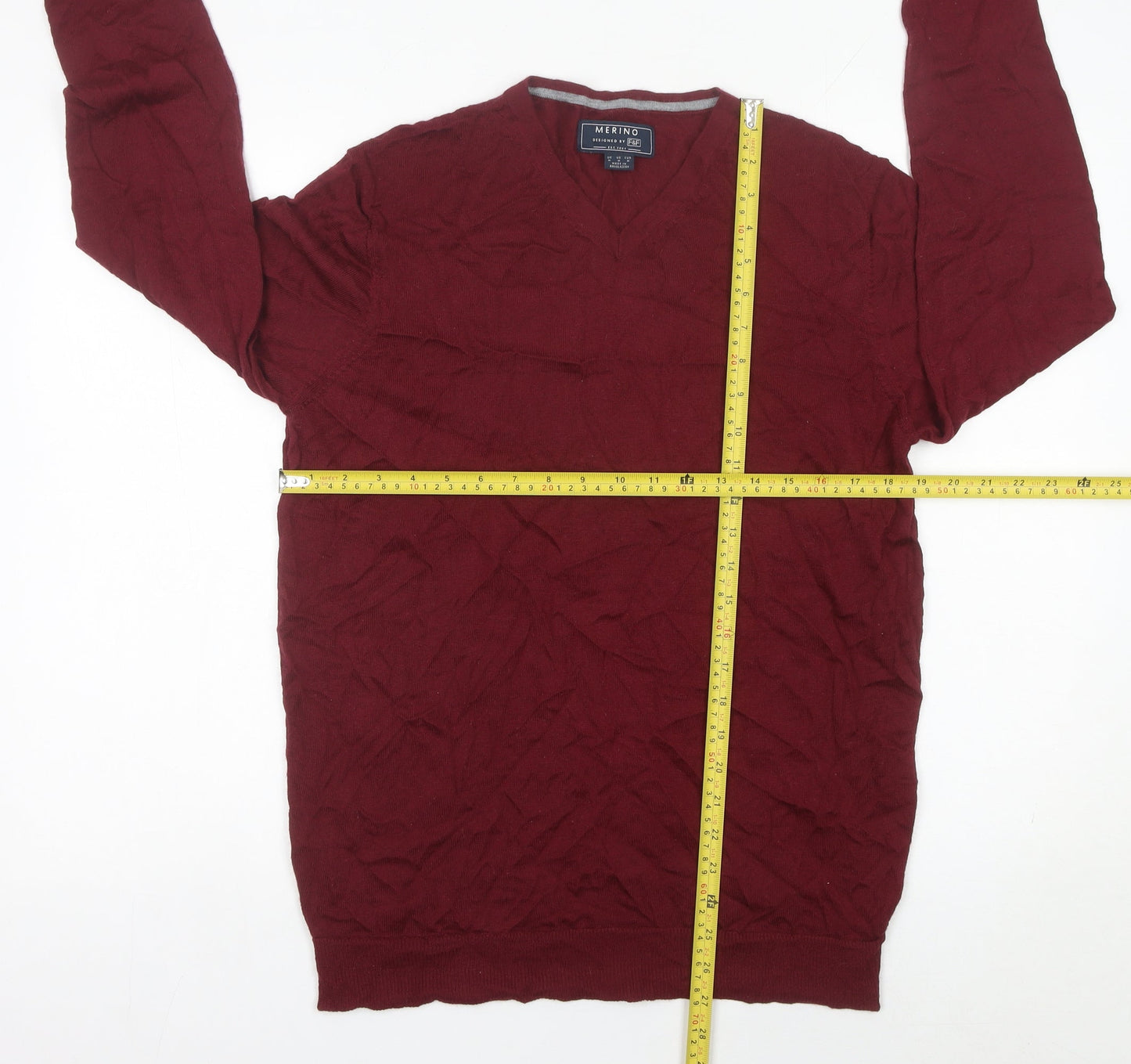 F&F Men’s Red Merino Wool V-Neck Jumper Size M Regular Fit