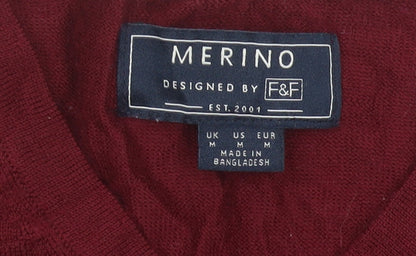 F&F Men’s Red Merino Wool V-Neck Jumper Size M Regular Fit