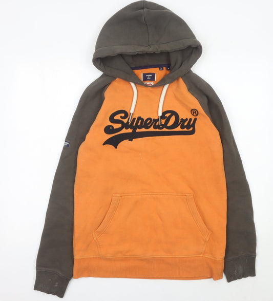 Superdry Mens Orange Green Hoodie Pullover Medium Logo Print