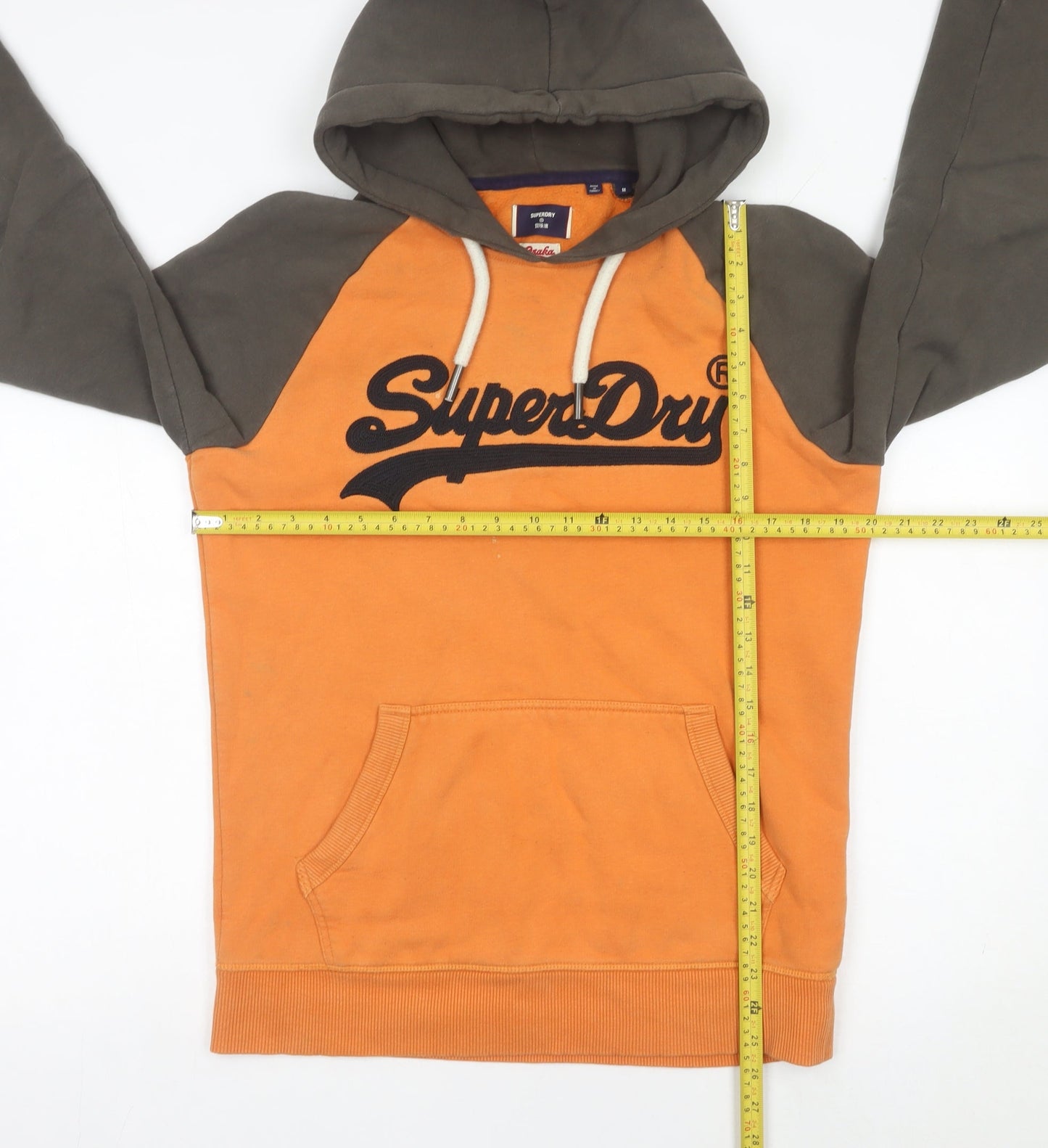 Superdry Mens Orange Green Hoodie Pullover Medium Logo Print