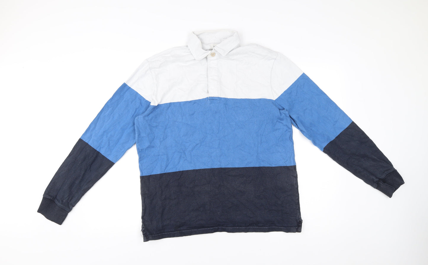 Marks and Spencer Men’s Colourblock Cotton Rugby Shirt M Blue White Black Long Sleeve