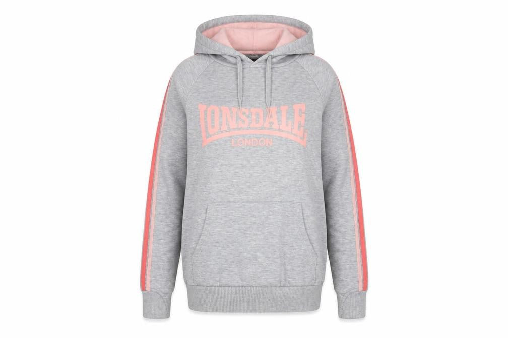 Front view of Lonsdale Teens Grey Pullover Hoodie, size 8, Logo Sportswear