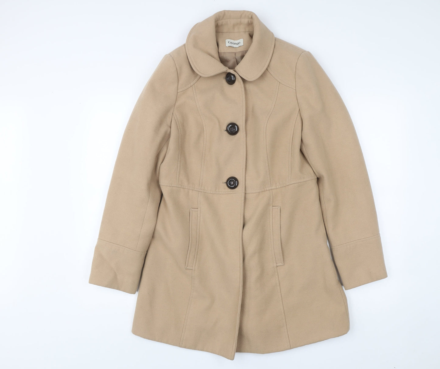 George Women’s Beige Mid-Length Coat UK 12 Buttoned Overcoat