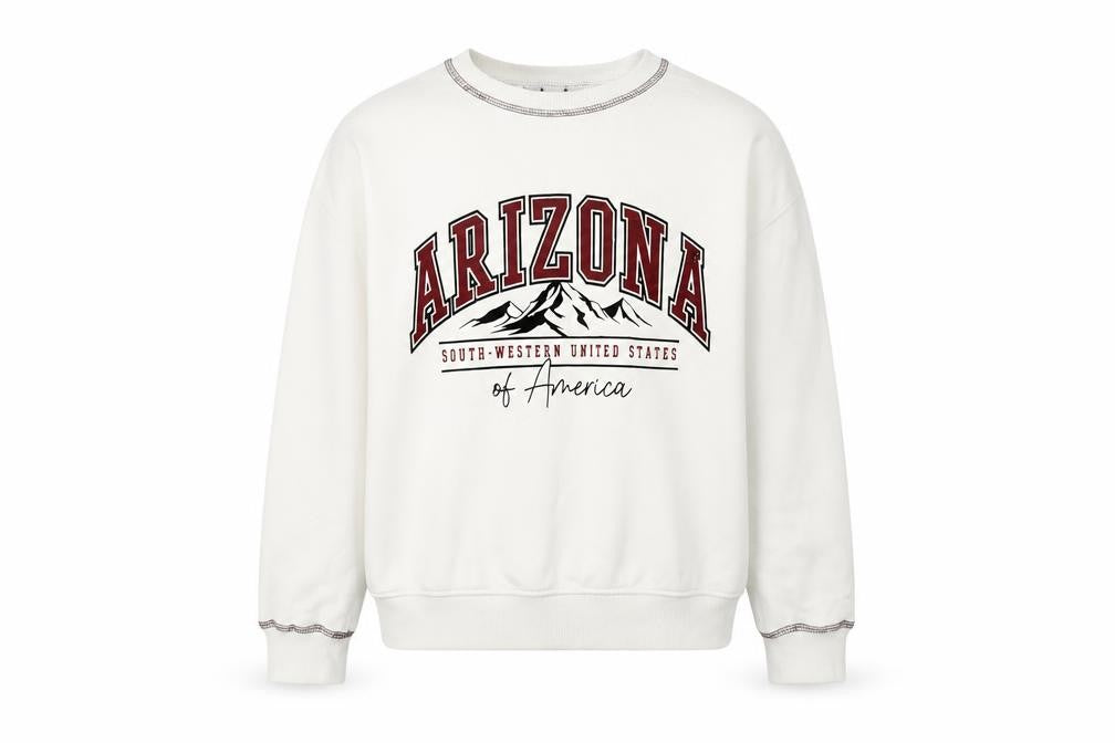 Front view of New Look girls’ white arizona sweatshirt age 12-13 graphic pullover