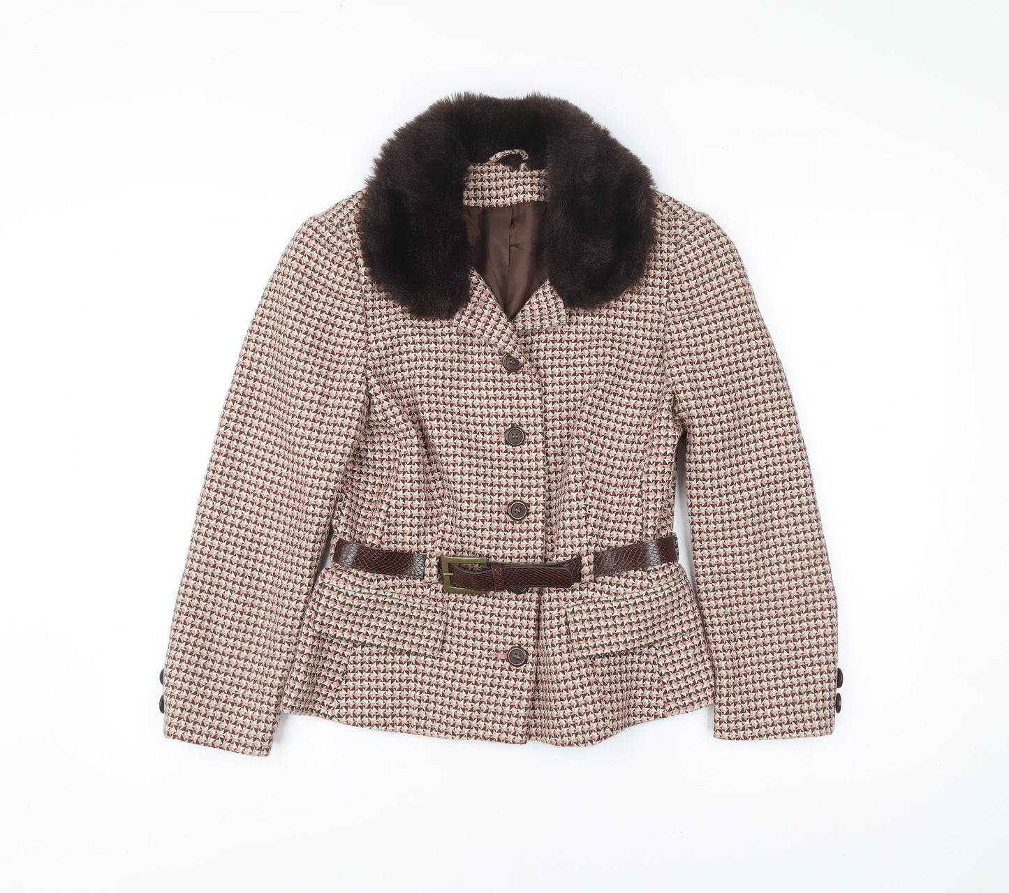 New Look Women’s Brown Houndstooth Belted Faux Fur Collar Coat UK 12