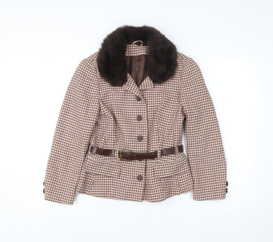New Look Women’s Brown Houndstooth Belted Faux Fur Collar Coat UK 12