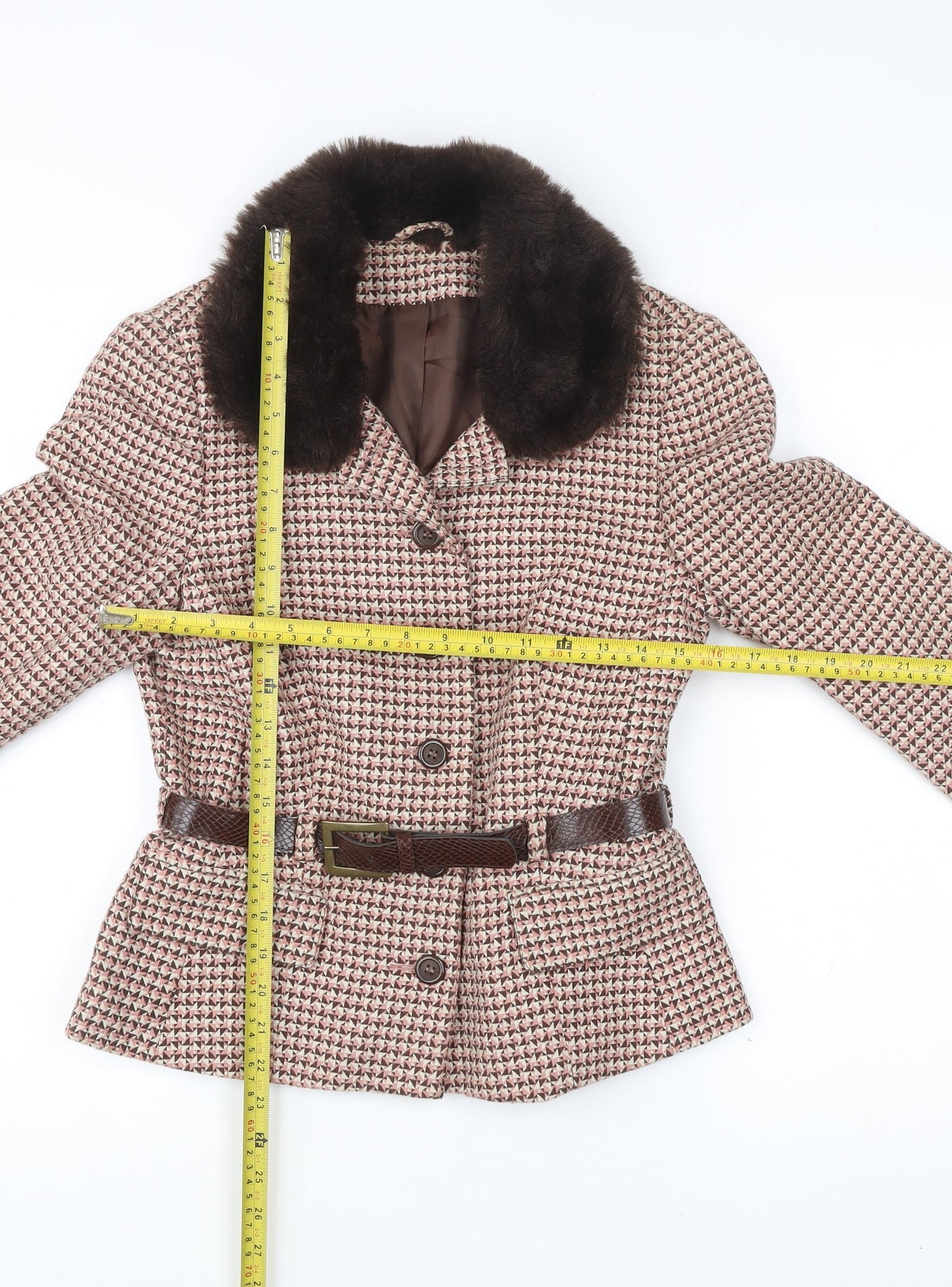 New Look Women’s Brown Houndstooth Belted Faux Fur Collar Coat UK 12