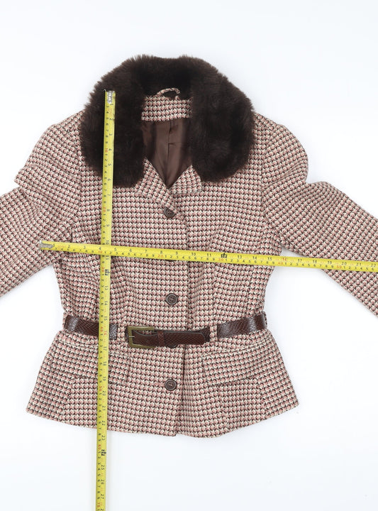 New Look Women’s Brown Houndstooth Belted Faux Fur Collar Coat UK 12