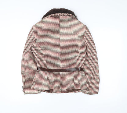 New Look Women’s Brown Houndstooth Belted Faux Fur Collar Coat UK 12