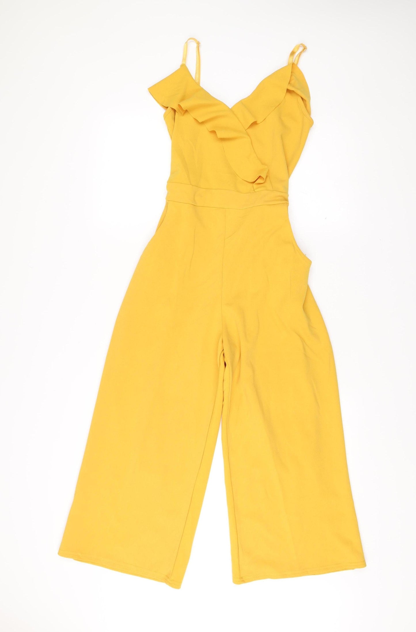 Quiz Women’s Yellow Ruffle Belted Wide-Leg Jumpsuit Size 12