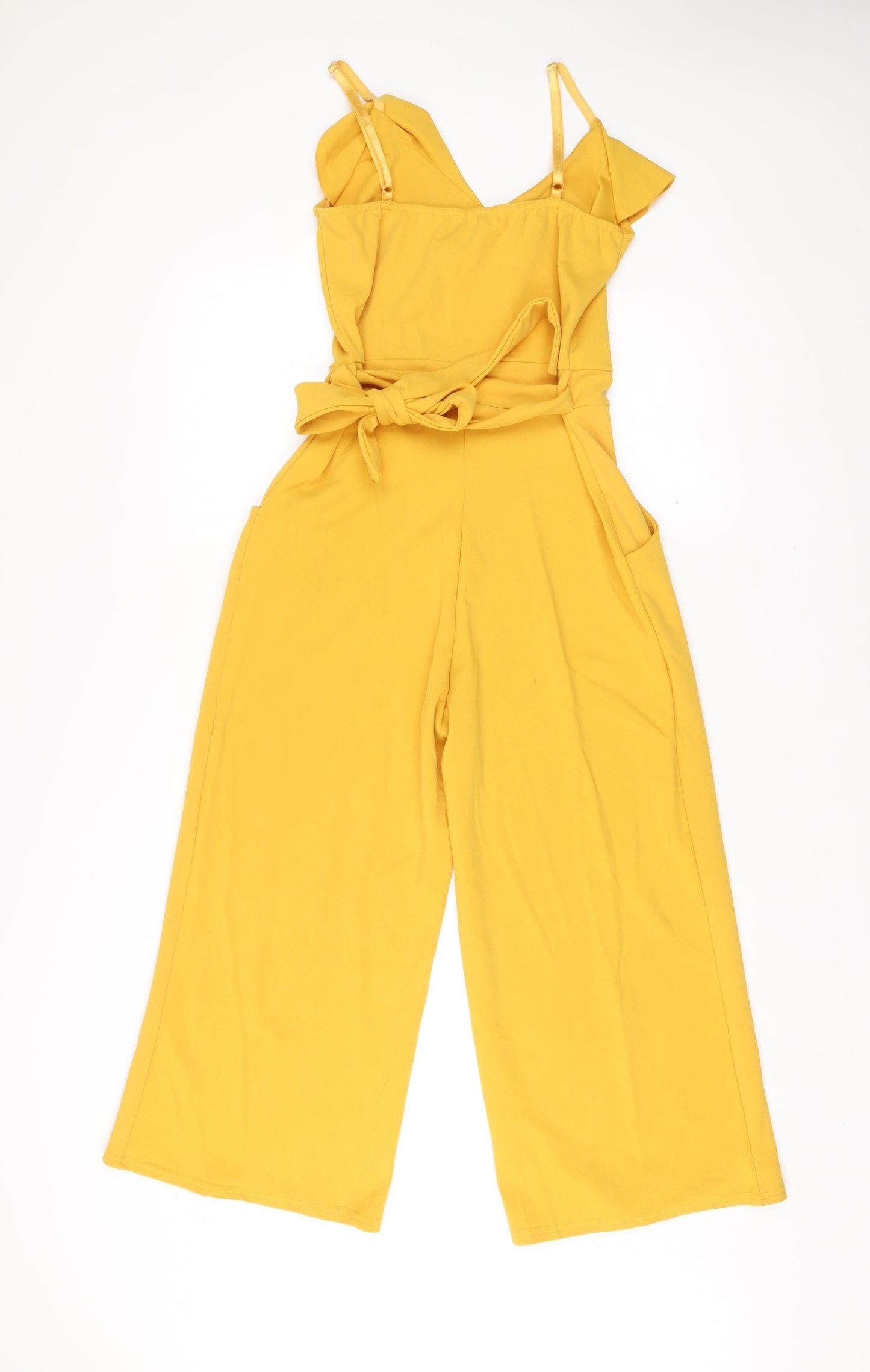Quiz Women’s Yellow Ruffle Belted Wide-Leg Jumpsuit Size 12