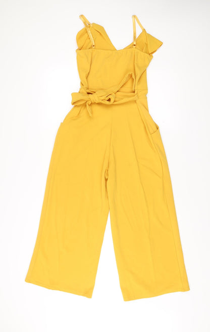 Quiz Women’s Yellow Ruffle Belted Wide-Leg Jumpsuit Size 12