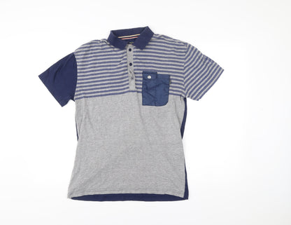 Egan Men's Blue Grey Striped Cotton Polo Shirt Size L
