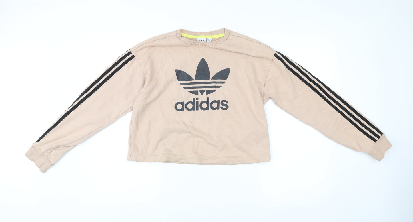 Adidas Womens Beige Sweatshirt Size 10 Crew Neck Pullover Logo Print