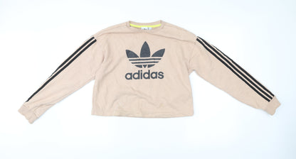Adidas Womens Beige Sweatshirt Size 10 Crew Neck Pullover Logo Print