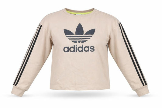 Front view of Adidas women’s beige sweatshirt, size UK 10, crew neck pullover logo print