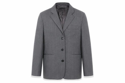 Front view of Mango Men’s Grey Striped Blazer Jacket, size S, Regular Fit Smart