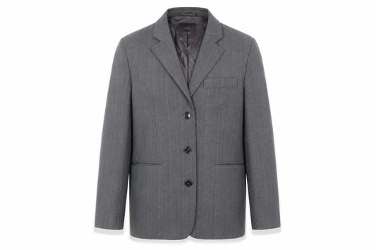 Front view of Mango Men’s Grey Striped Blazer Jacket, size S, Regular Fit Smart