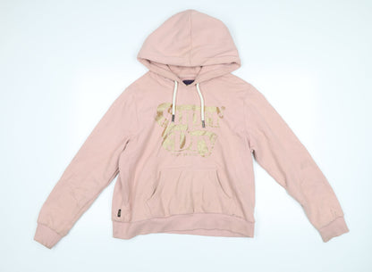 Superdry Womens Pink Pullover Hoodie UK 14 Logo Glitter Casual