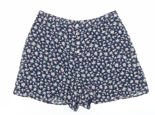Topshop Womens Blue Floral High Rise Button Shorts Size 12