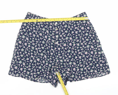 Topshop Womens Blue Floral High Rise Button Shorts Size 12