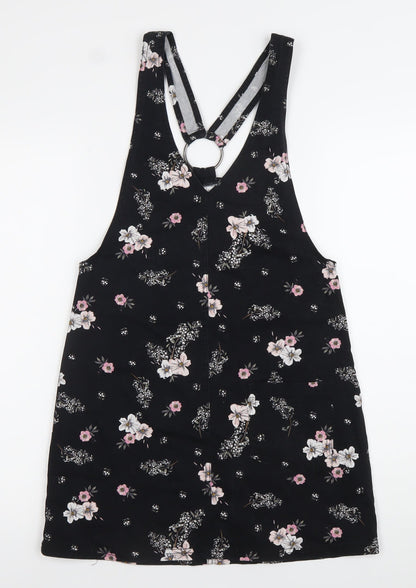 H&M Women Black Floral Pinafore Dress Size 6 Cotton Stretch