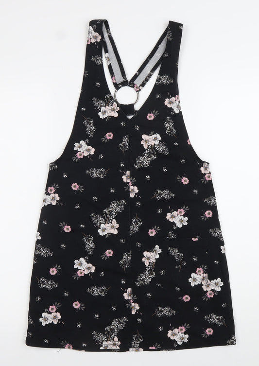 H&M Women Black Floral Pinafore Dress Size 6 Cotton Stretch
