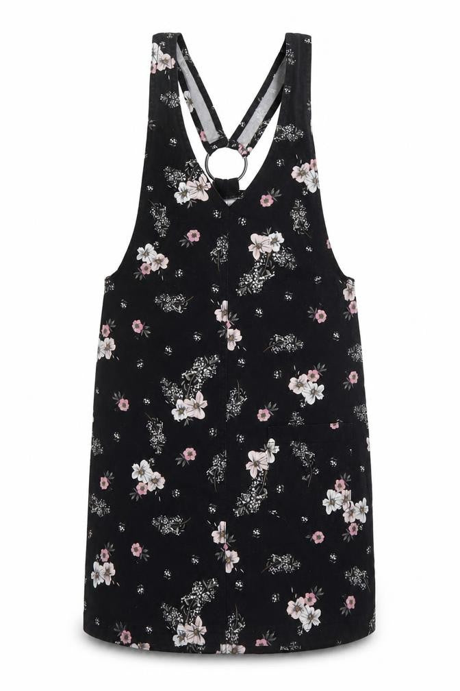 H&M Women Black Floral Pinafore Dress Size 6 Cotton Stretch