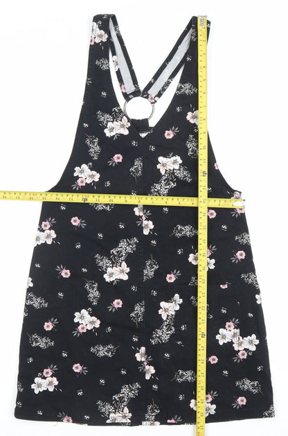 H&M Women Black Floral Pinafore Dress Size 6 Cotton Stretch