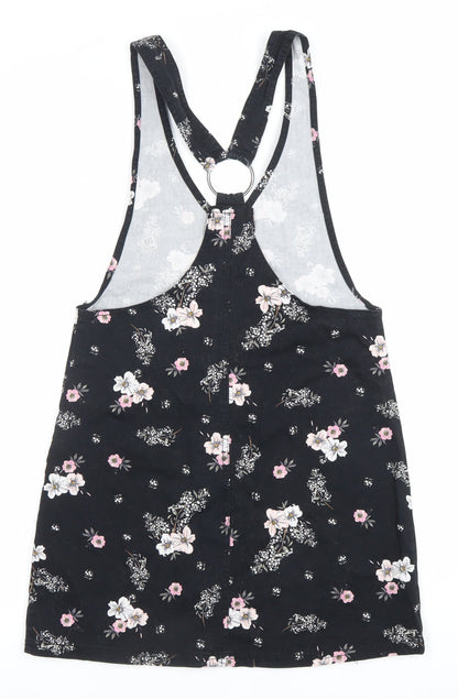 H&M Women Black Floral Pinafore Dress Size 6 Cotton Stretch