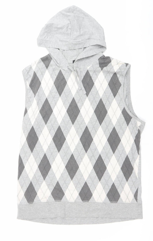 George Men's Grey Argyle Sleeveless Pullover Hoodie Size L