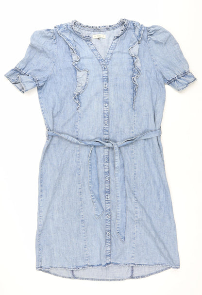 F&F Womens Blue Cotton Shirt Dress UK 14 Puff Sleeve Ruffle