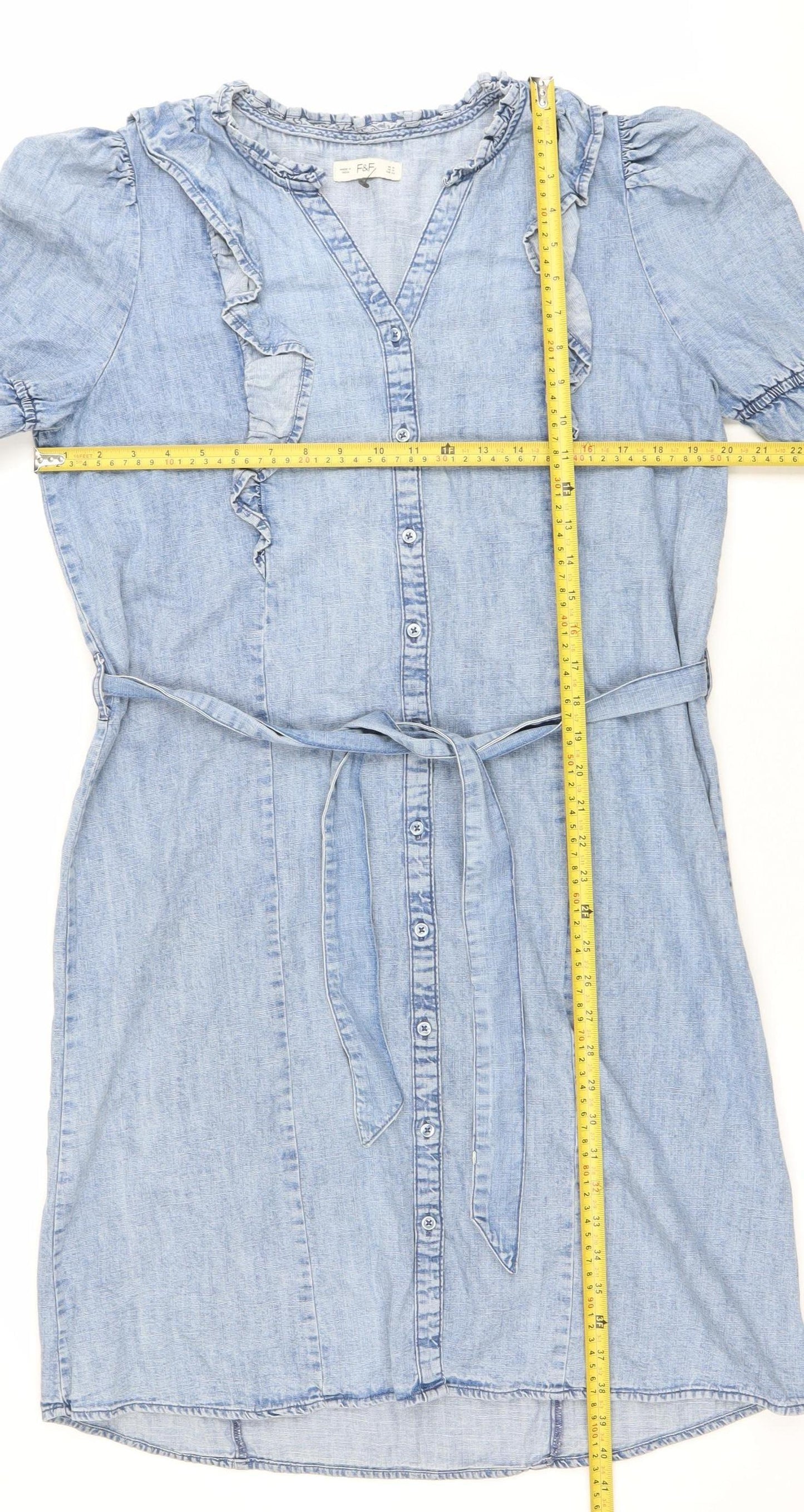 F&F Womens Blue Cotton Shirt Dress UK 14 Puff Sleeve Ruffle