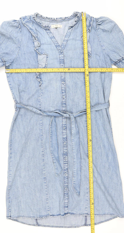 F&F Womens Blue Cotton Shirt Dress UK 14 Puff Sleeve Ruffle
