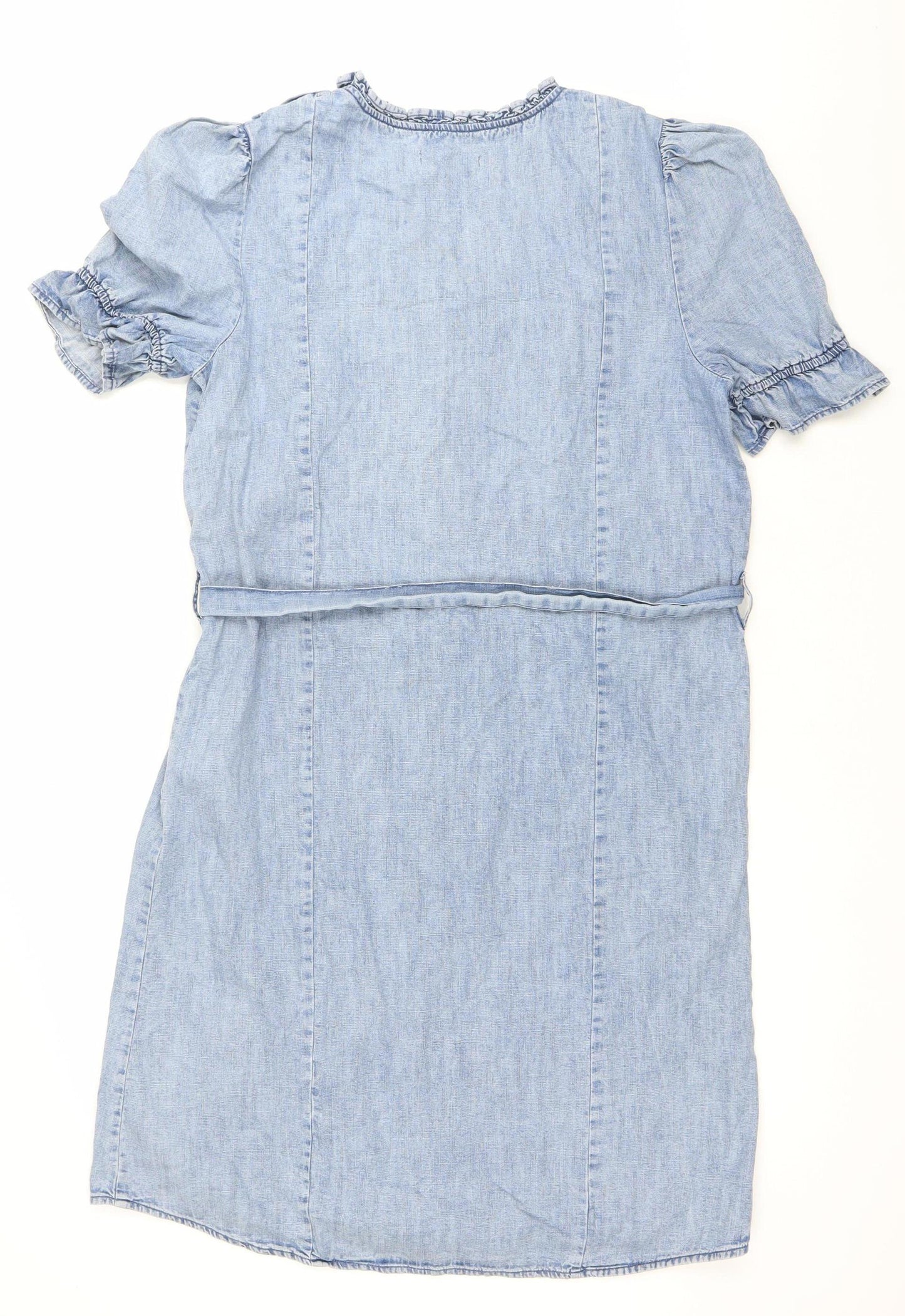 F&F Womens Blue Cotton Shirt Dress UK 14 Puff Sleeve Ruffle