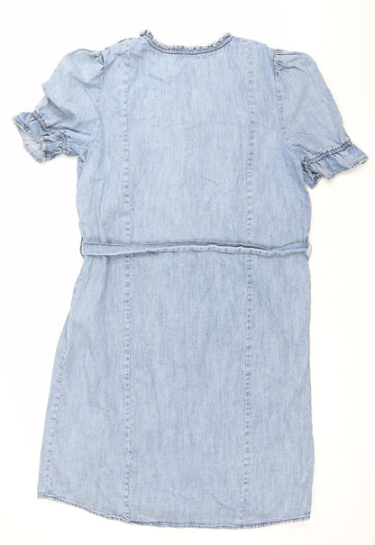 F&F Womens Blue Cotton Shirt Dress UK 14 Puff Sleeve Ruffle