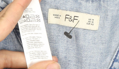 F&F Womens Blue Cotton Shirt Dress UK 14 Puff Sleeve Ruffle