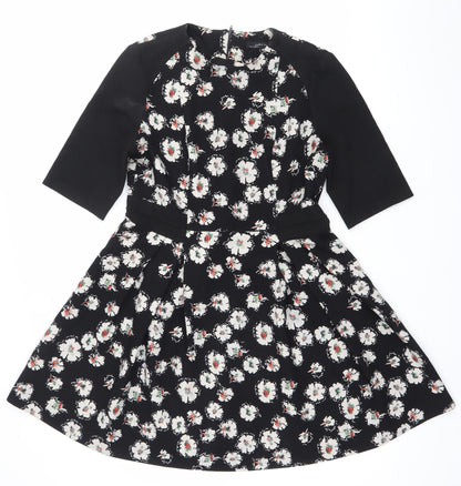Zara Women Black Floral Fit & Flare V-Neck Dress Size L