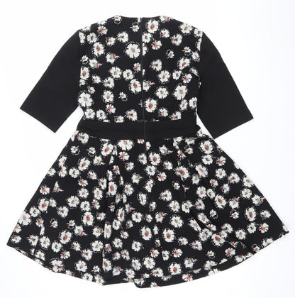 Zara Women Black Floral Fit & Flare V-Neck Dress Size L