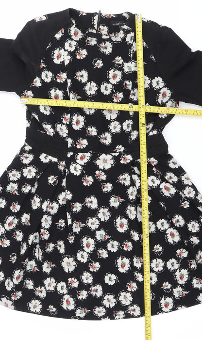 Zara Women Black Floral Fit & Flare V-Neck Dress Size L