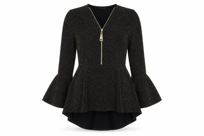 Quiz Women’s Black Glitter Fit & Flare Dress Size 14 Party Zip Bell Sleeve