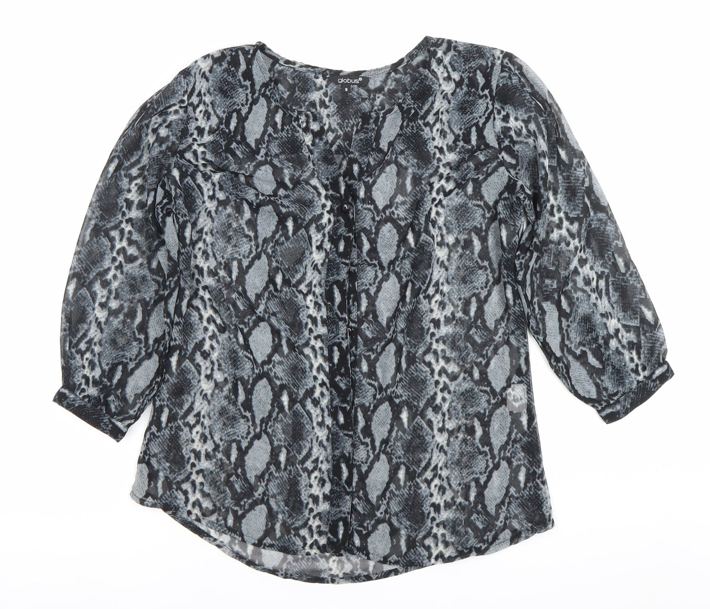 Globus Womens Grey Snake Print Tunic Blouse S 3/4 Sleeve Chiffon