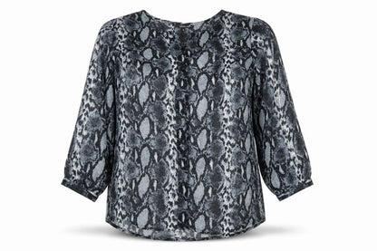 Globus Womens Grey Snake Print Tunic Blouse S 3/4 Sleeve Chiffon