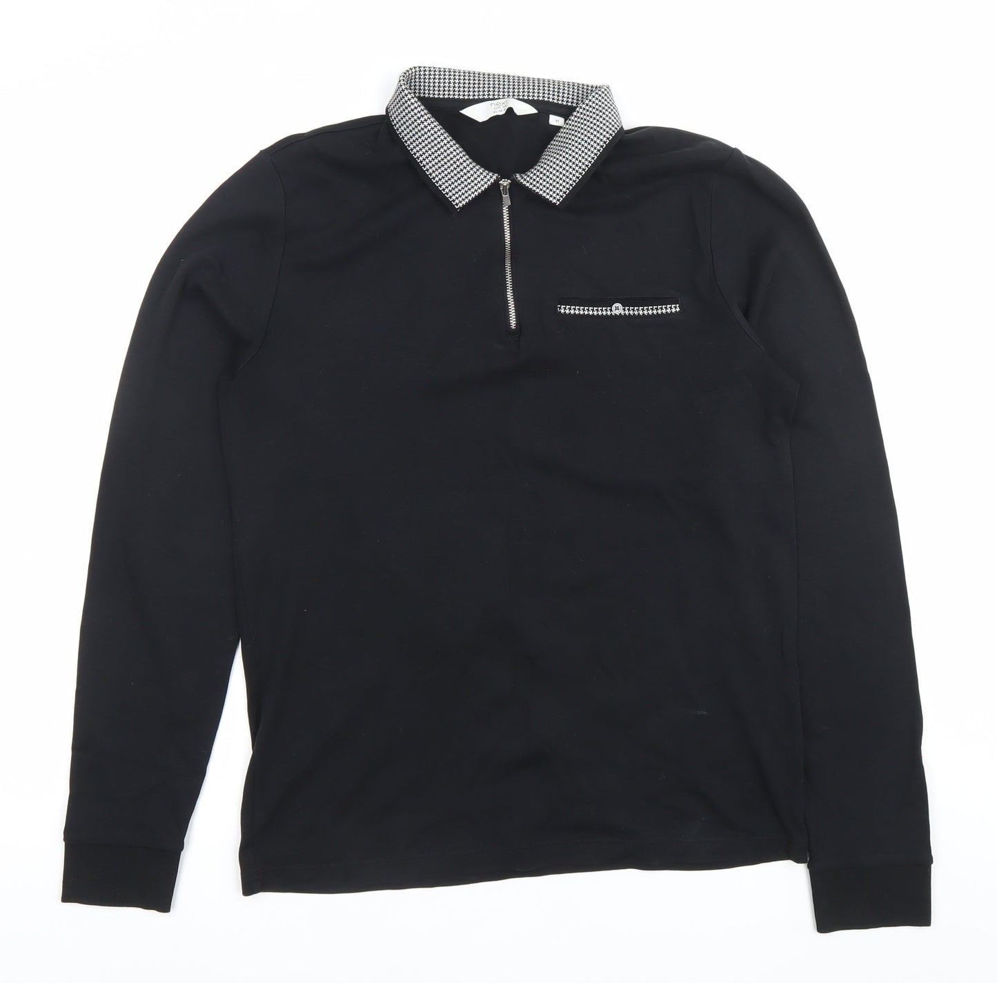 Next Men’s Black Long Sleeve Cotton Polo Shirt Size M Zip Collar